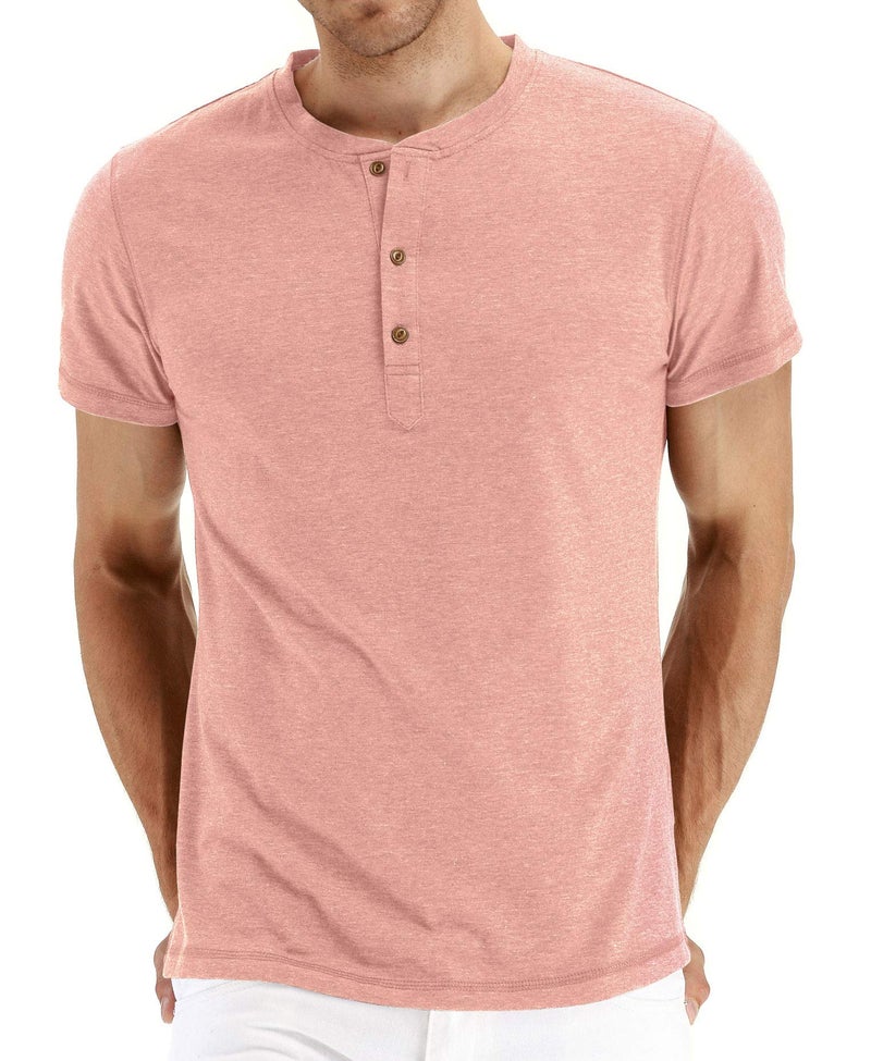 PEGENO Men's Fashion Casual Front Placket Short/Long Sleeve Henley T-Shirts Cotton Shirts (US Medium, A10 Pink) - Image 1